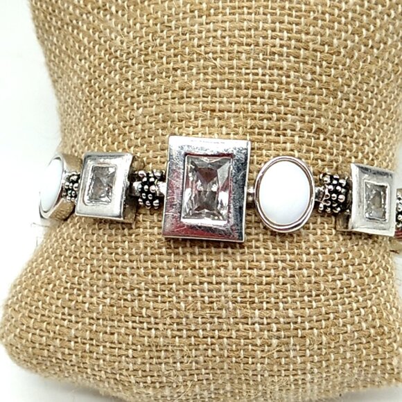 Lia Sophia Clear Cut Crystals Mother of Pearl Textured Links Rhodium Bracelet - Picture 14 of 14